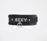 Love In Leather Diamante Sexy Fluffy Bondage Collar - Black - Collars and Leads